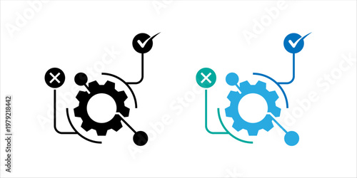 Line icon set. of gear with connected nodes, check and cross symbols representing process optimization, decision making, workflow evaluation, and system improvement.