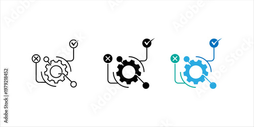 Line icon set. of gear with connected nodes, check and cross symbols representing process optimization, decision making, workflow evaluation, and system improvement.