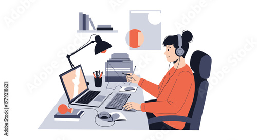 Young person working remotely with laptop, headphones, and drawing tablet at desk