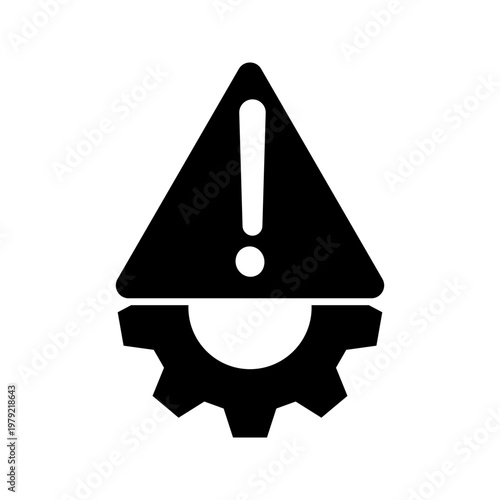 Minimal outline icon of a warning sign with exclamation mark combined with a gear, representing system error, technical issue, maintenance alert, and industrial warning concepts.