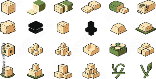 Tofu Vector Set Collection with Soybean Curd Blocks and Food Icons