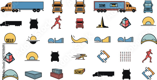 Truck Vector Set Collection with Semi Trailer Transport and Logistics Icons