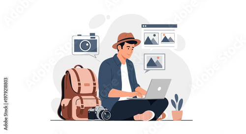 Travel Photographer Working on Laptop with Camera and Backpack