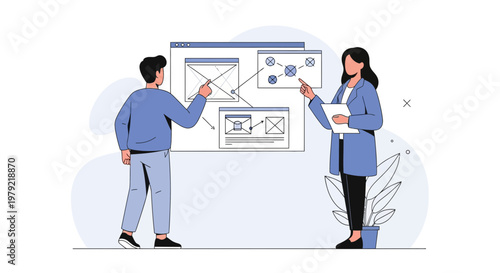 Team collaborating on web design wireframes and user flow diagrams on a whiteboard