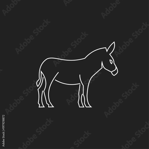 Donkey Line Art Vector Illustration. Minimalist Outline of Standing Equine Animal on Black Background.