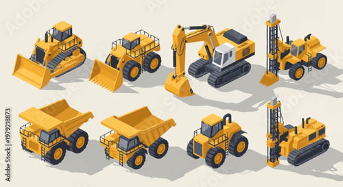 Collection of isometric construction vehicles including excavators, dump trucks, bulldozers, and drilling machines.