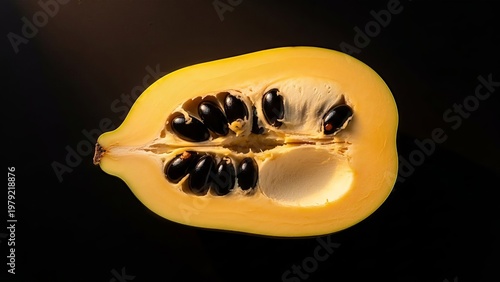Isolated halved pawpaw fruit revealing its creamy flesh and dark shiny seeds on black backdrop