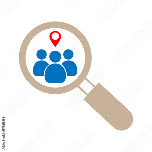 Magnifying glass over group of people with location pin representing audience targeting, market segmentation, and customer analysis.