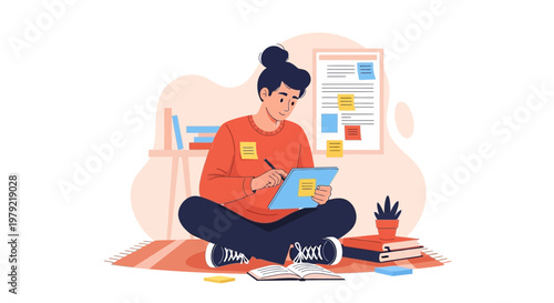 Student studying at home, writing notes, surrounded by books and study materials