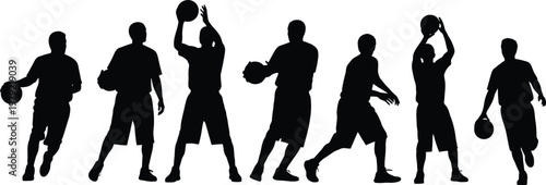 Basketball players silhouettes set action poses isolated on white background