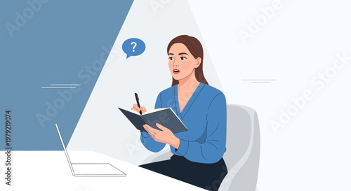 Confused Woman Writing in Notebook with Laptop and Question Mark