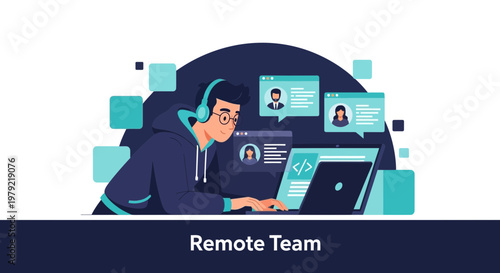 Remote Team Working Online: Programmer with Headphones on Laptop, Video Calls
