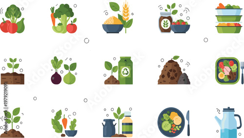 Organic Food Production Process Icons with Farming Harvest Compost Recycling and Healthy Meal Preparation for Sustainable Agriculture Lifestyle Concept.