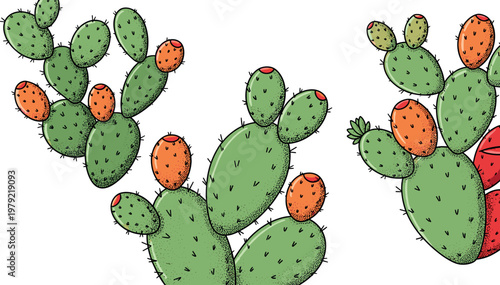 Hand drawn prickly pear cactus vector illustration with green pads and orange fruits desert botanical plant collection design