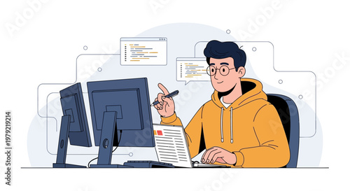 Programmer working on computer with code on screen, modern office setup, coding concept
