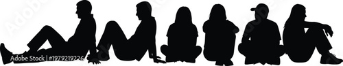 People sitting silhouettes set casual poses isolated on white background
