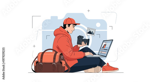 Photographer with Camera and Laptop Editing Photos, Creative Workflow