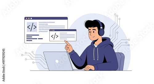 Programmer coding on laptop with headphones, digital interface, technology concept