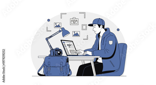 Photographer editing photos on laptop with camera and bag, workspace