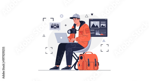 Photographer editing photos on laptop with camera and bag, creative workspace