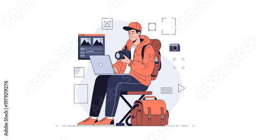 Photographer editing photos on laptop with camera and backpack, creative workflow