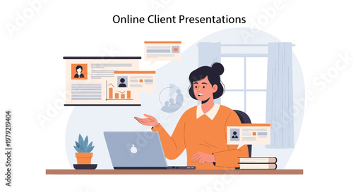 Online Client Presentations: Woman Working Remotely with Laptop and Digital Screens