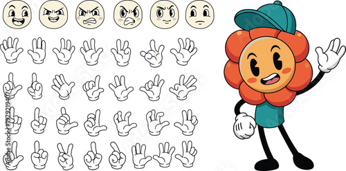 Cartoon character gesture set with expressive hands and facial emotions animation poses collection for mascot design and creative projects