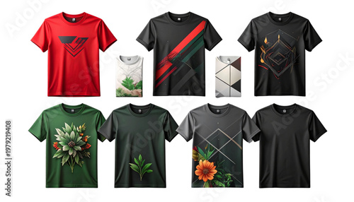 Assorted graphic designs on black t-shirts in a variety of styles and patterns Vector