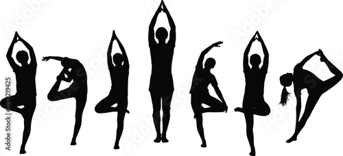 Yoga poses silhouettes set meditation balance fitness isolated on white background