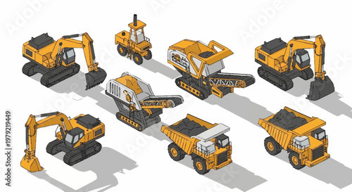 Collection of isometric construction vehicles and heavy machinery, including excavators, dump trucks, and crushers, on a white background.