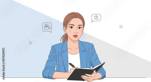 Businesswoman writing notes in notebook, thinking, asking questions, business concept