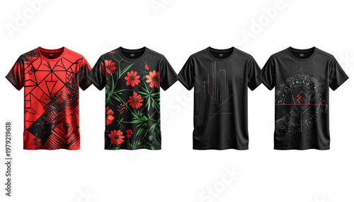 Four long-sleeve t-shirts displayed in different colors against a plain background Vector