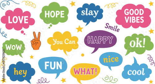 Colorful speech bubble collection with positive words and motivational expressions in playful cartoon style for social media and design projects