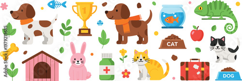 Cute pet animals collection with dogs cats rabbit fish chameleon and accessories including house food medicine and playful decorative elements