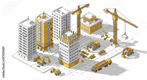 Modern city construction site with cranes, excavators, and trucks building skyscrapers.