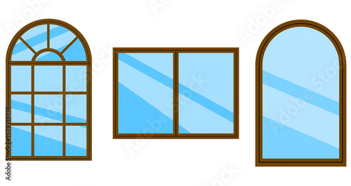 Window Set Vector ,Arched and Rectangular Glass Window Frames isolated on white background 