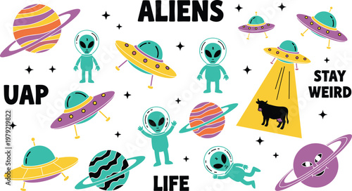 Alien and UFO Vector Illustration Set – Cute Extraterrestrials, Flying Saucers, Planets, and Abduction Scene in Space Theme