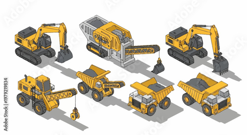 Isometric illustration of construction and mining vehicles including excavators, dump trucks, and a crusher.