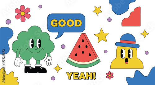 Cute Cartoon Food and Character Illustration Featuring Watermelon Broccoli Funny Faces Speech Bubble and Abstract Shapes Playful Vector Design Set