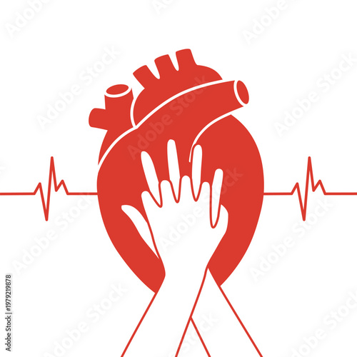CPR hands and medical heartbeat cardiogram design on white background
