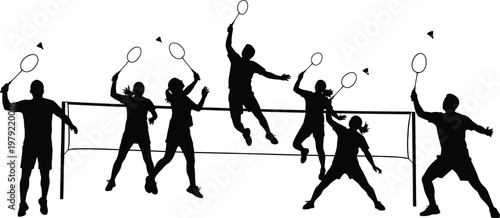 Badminton players silhouettes set action poses isolated on white background