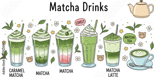 Cute Matcha Drinks Collection Featuring Latte Frappuccino Caramel Matcha Tea Glasses with Whipped Cream Kawaii Style Beverage Vector Illustration Set