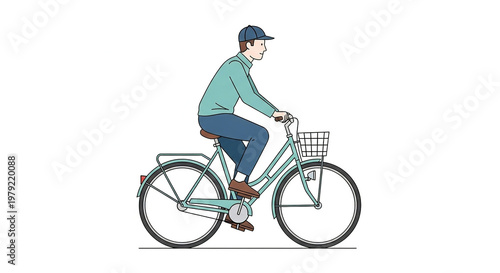 Watercolor illustration of a woman riding a vintage bicycle with a basket