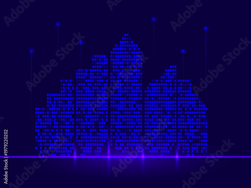 Abstract dynamic digital city with glowing lights and communication signals, conceptual urban technology design.