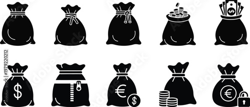 Business finance wealth money bags coins and currency icons for financial success