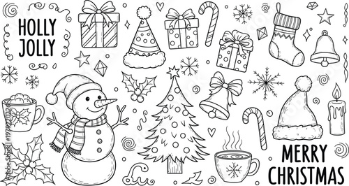 Hand Drawn Christmas Doodle Collection Featuring Snowman Tree Gifts Candy Cane and Holiday Elements Festive Winter Vector Illustration Set
