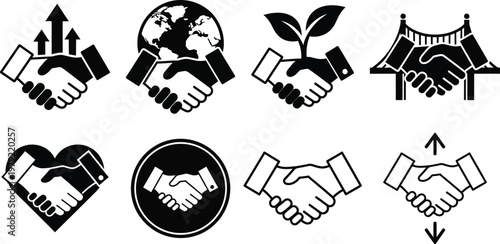 Global business partnerships sustainable growth handshake icon set for collaboration