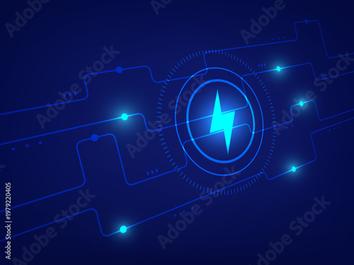 Modern electrical circuit technology concept with lightning bolt symbol in center, glowing neon network vector.
