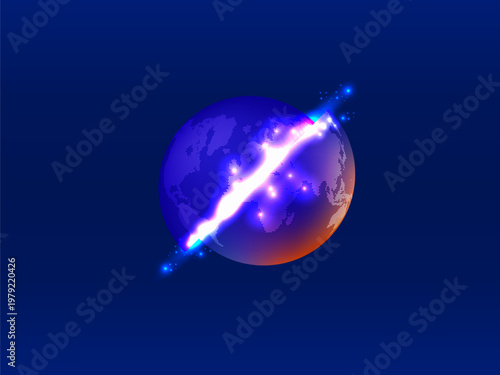 Abstract planet Earth exploding with glowing data particles, representation of electronic warfare or global information warfare.