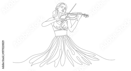 Elegant Continuous Line Art of Woman Playing Violin with Flowing Skirt Music